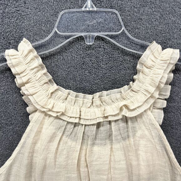 Mine Top Womens Small‎ Beige Ruffle Sleeveless Blouse semi sheer flower neck - Picture 11 of 14